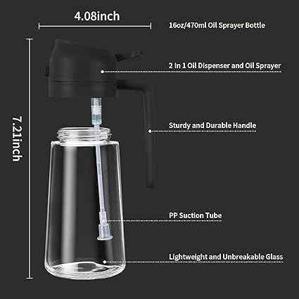 Misamo Enterprise Glass Oil Sprayer and Dispenser Bottle, 500ml Capacity, 2-in-1 , Black
